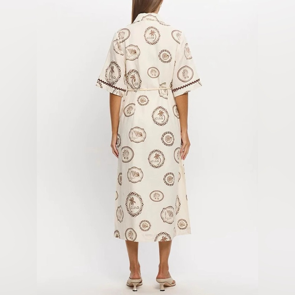 NWT Island Postcard Print Button-Down Midi Shirt Dress Belted, Boho Summer S-2XL - Picture 6 of 8